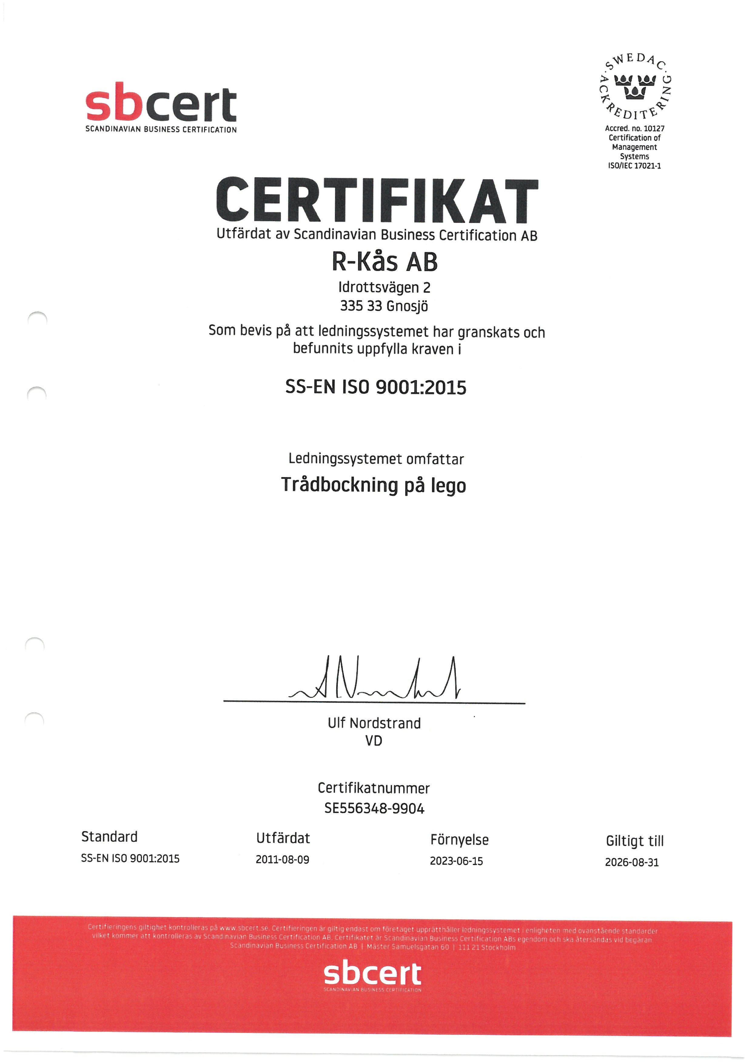 sbcert - R-Kås ISO 9001-2015